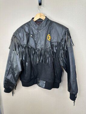 Vintage Black Leather Fringe Biker Jacket Embroidered Posse Logo L Western Style